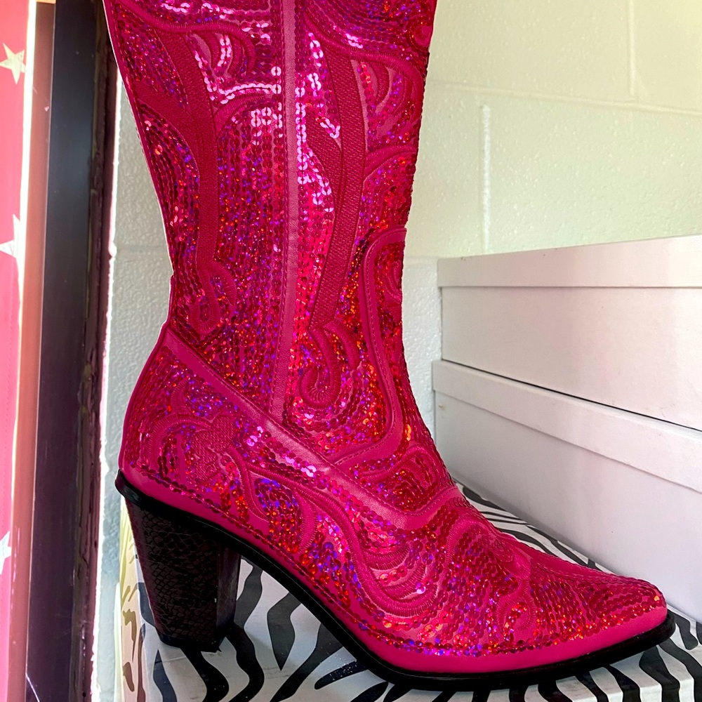 Size 6 Fuchsia Sparkly Bling Mid Calf Cowboy Cowgirl Barbie Pink Bling Boots